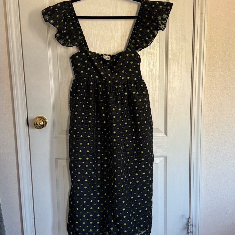 Black Summer Dress with Green Polka Dots